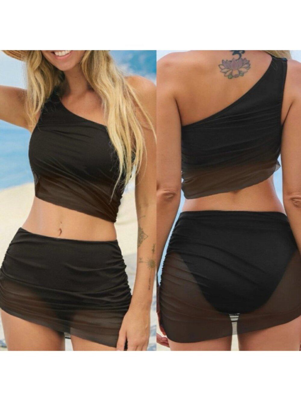 CUPSHE NEW Bikini Set Black Two Piece Bathing Suit One Shoulder Ruched Mesh M